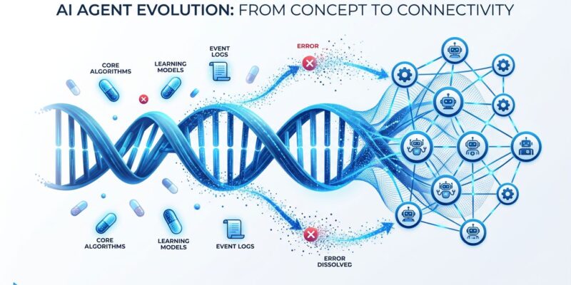 Conceptual illustration of AI agent evolution showing DNA helix transforming into agent nodes with Gene capsules, Event logs, and evolutionary paths