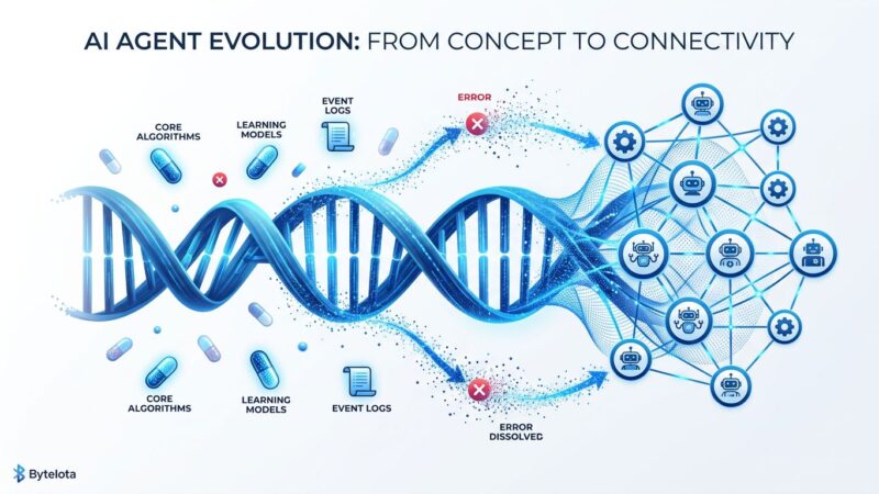 Conceptual illustration of AI agent evolution showing DNA helix transforming into agent nodes with Gene capsules, Event logs, and evolutionary paths
