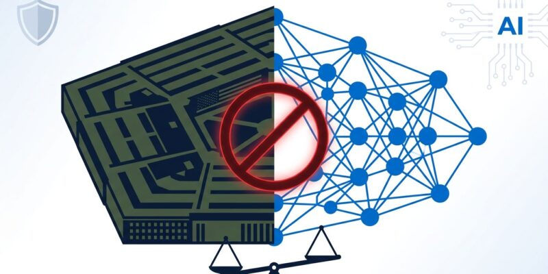 Pentagon and AI neural network illustration showing conflict over Anthropic supply chain risk designation