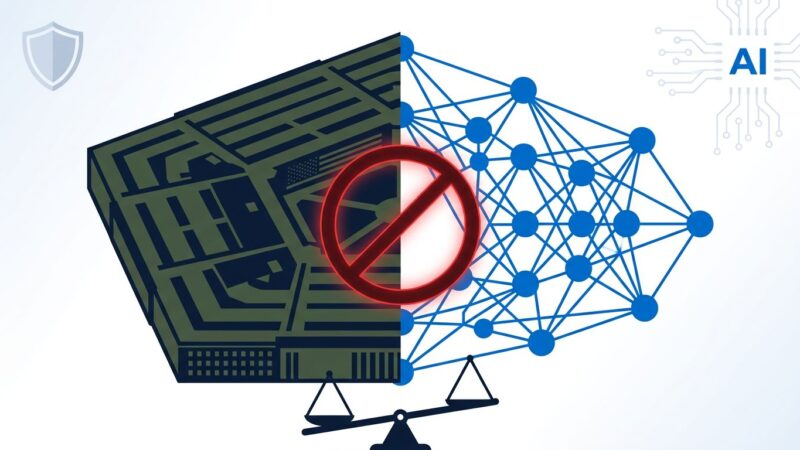 Pentagon and AI neural network illustration showing conflict over Anthropic supply chain risk designation