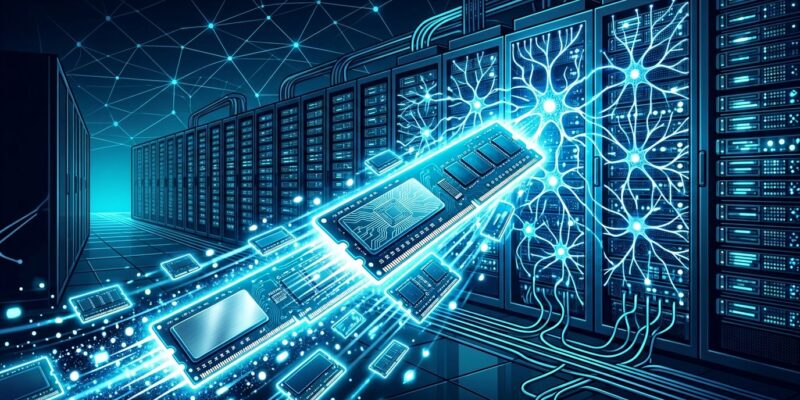 Memory chips and AI data center illustration showing RAM shortage crisis