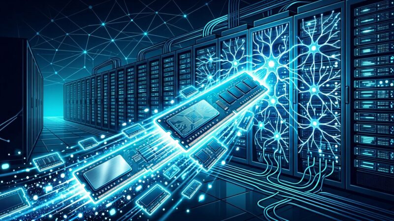 Memory chips and AI data center illustration showing RAM shortage crisis