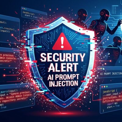 Security warning shield with AI agents and GitHub symbols illustrating prompt injection vulnerability