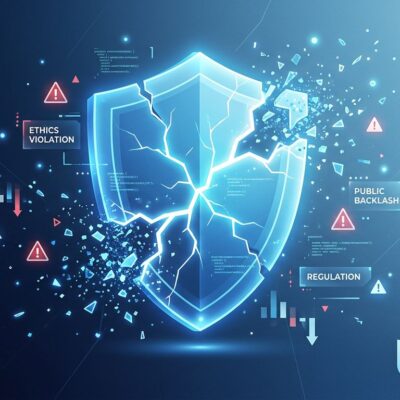 Abstract representation of AI industry conflict showing cracked shield with warning symbols and particle effects in blue and white