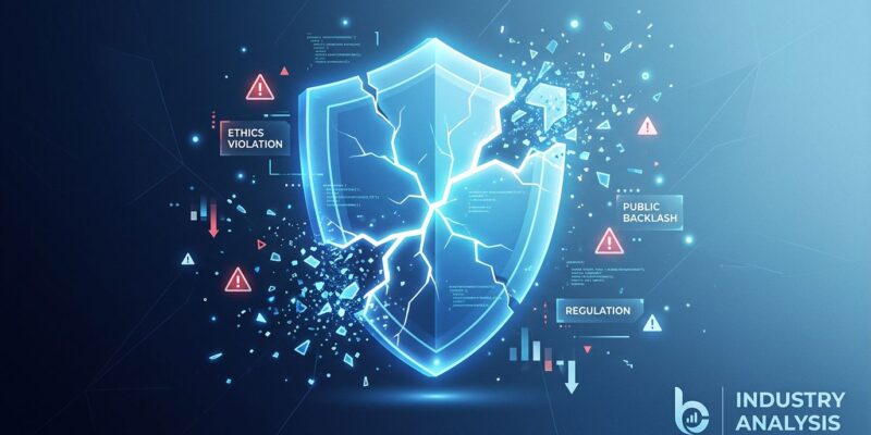 Abstract representation of AI industry conflict showing cracked shield with warning symbols and particle effects in blue and white