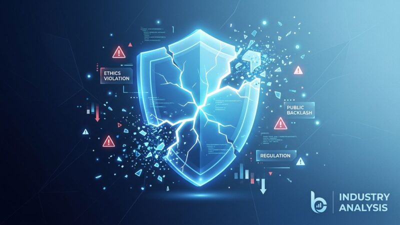 Abstract representation of AI industry conflict showing cracked shield with warning symbols and particle effects in blue and white