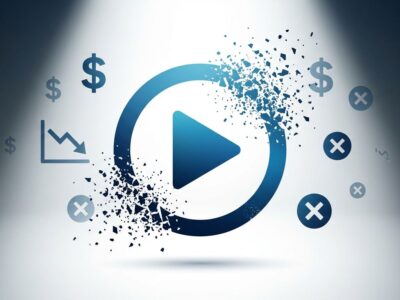 Conceptual illustration showing AI video generator icon dissolving into particles with declining metrics, representing OpenAI Sora shutdown after burning 5M per day