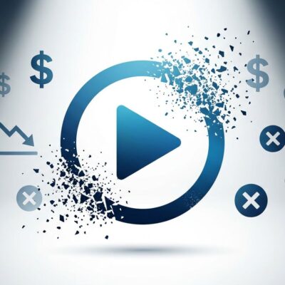 Conceptual illustration showing AI video generator icon dissolving into particles with declining metrics, representing OpenAI Sora shutdown after burning 5M per day