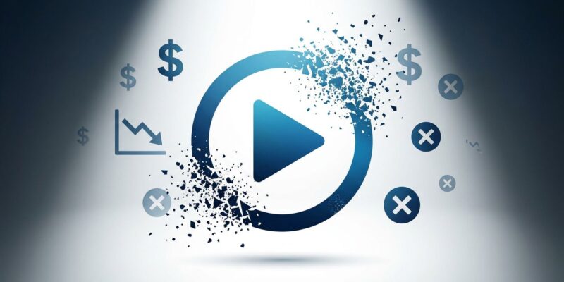 Conceptual illustration showing AI video generator icon dissolving into particles with declining metrics, representing OpenAI Sora shutdown after burning 5M per day