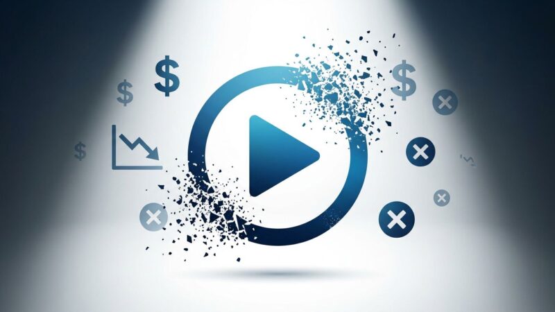 Conceptual illustration showing AI video generator icon dissolving into particles with declining metrics, representing OpenAI Sora shutdown after burning 5M per day