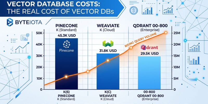 Vector database cost comparison chart showing Pinecone, Qdrant, and Weaviate pricing