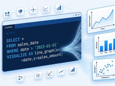 Data visualization dashboard showing SQL query with VISUALIZE and DRAW clauses transforming into charts