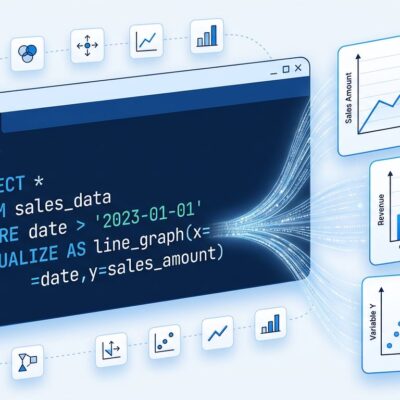 Data visualization dashboard showing SQL query with VISUALIZE and DRAW clauses transforming into charts