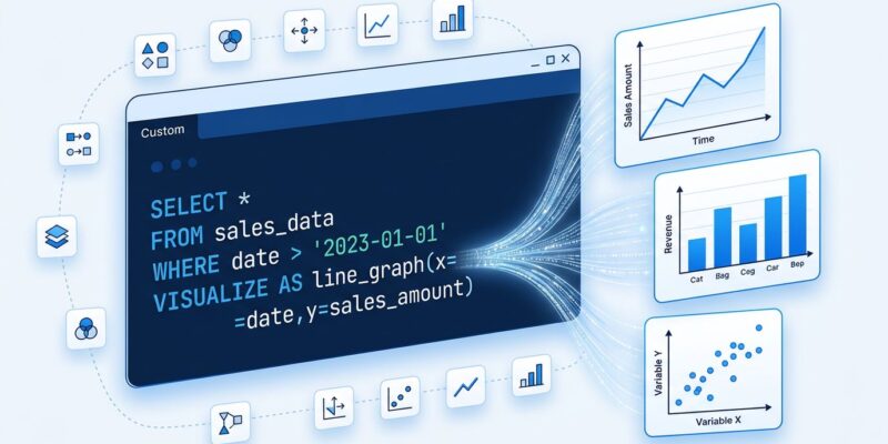 Data visualization dashboard showing SQL query with VISUALIZE and DRAW clauses transforming into charts