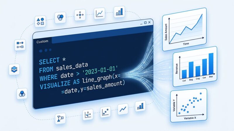 Data visualization dashboard showing SQL query with VISUALIZE and DRAW clauses transforming into charts