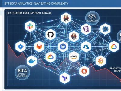Developer tool sprawl visualization showing 14 tools and productivity impact