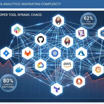 Developer tool sprawl visualization showing 14 tools and productivity impact