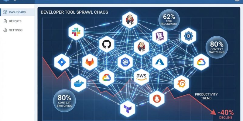 Developer tool sprawl visualization showing 14 tools and productivity impact