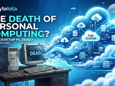 Broken desktop computer surrounded by clouds representing shift to cloud computing