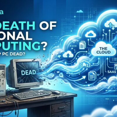 Broken desktop computer surrounded by clouds representing shift to cloud computing