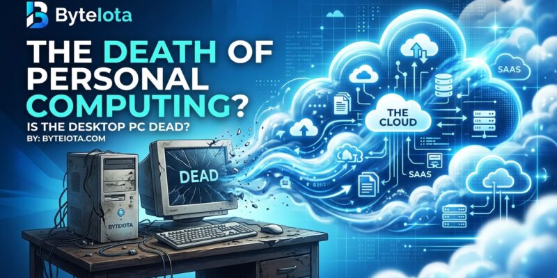 Broken desktop computer surrounded by clouds representing shift to cloud computing