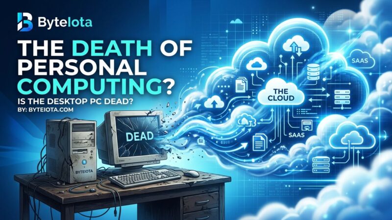 Broken desktop computer surrounded by clouds representing shift to cloud computing