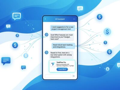 Abstract visualization of ChatGPT advertising with prompt targeting technology showing chat bubbles and ad symbols in blue and white