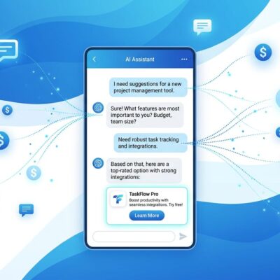 Abstract visualization of ChatGPT advertising with prompt targeting technology showing chat bubbles and ad symbols in blue and white