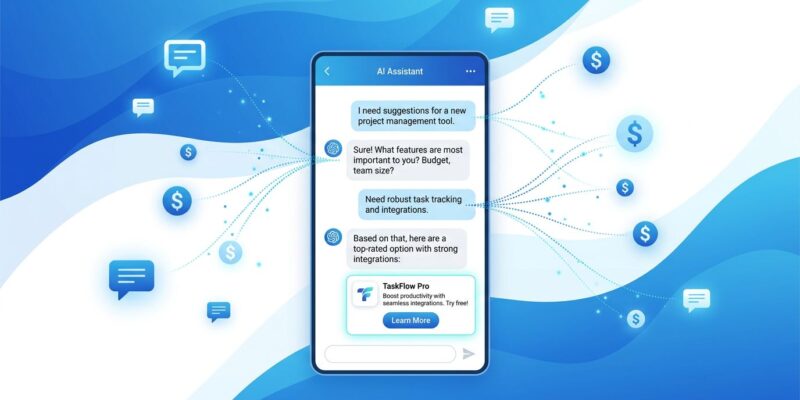 Abstract visualization of ChatGPT advertising with prompt targeting technology showing chat bubbles and ad symbols in blue and white