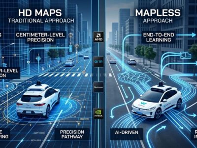 Split-screen comparison showing Wayve mapless autonomous driving approach versus Waymo HD maps approach with chip vendor logos