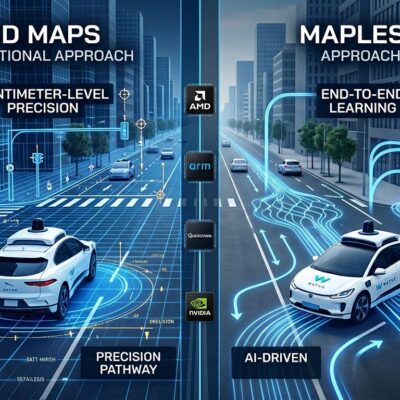Split-screen comparison showing Wayve mapless autonomous driving approach versus Waymo HD maps approach with chip vendor logos