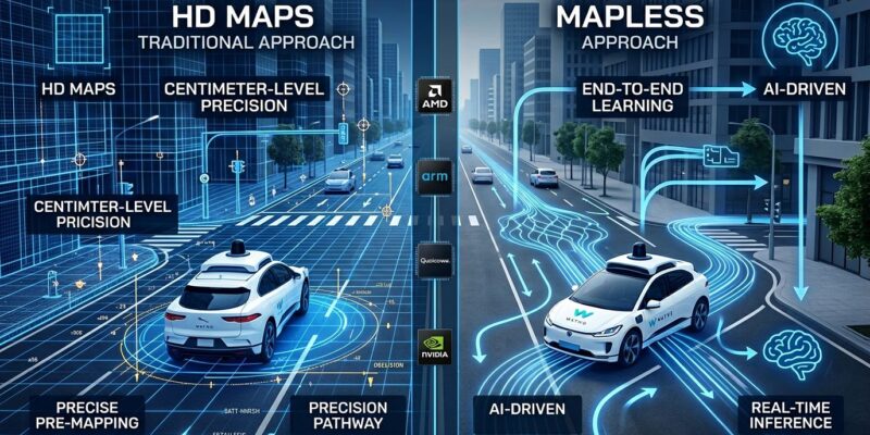Split-screen comparison showing Wayve mapless autonomous driving approach versus Waymo HD maps approach with chip vendor logos