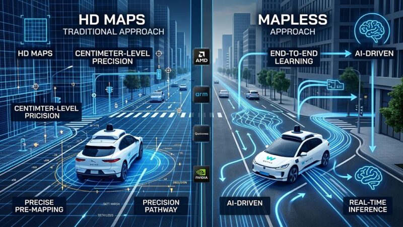 Split-screen comparison showing Wayve mapless autonomous driving approach versus Waymo HD maps approach with chip vendor logos