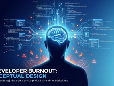 Conceptual illustration of AI developer burnout showing cognitive overload from AI coding tools