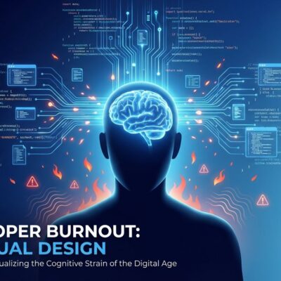 Conceptual illustration of AI developer burnout showing cognitive overload from AI coding tools