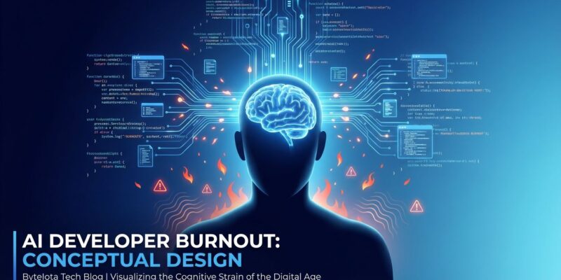Conceptual illustration of AI developer burnout showing cognitive overload from AI coding tools
