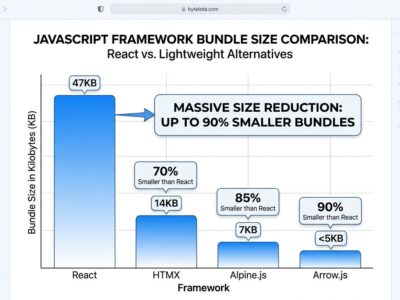 Bar chart comparing JavaScript framework bundle sizes: React 47KB vs Arrow.js 5KB, Alpine.js 7KB, HTMX 14KB