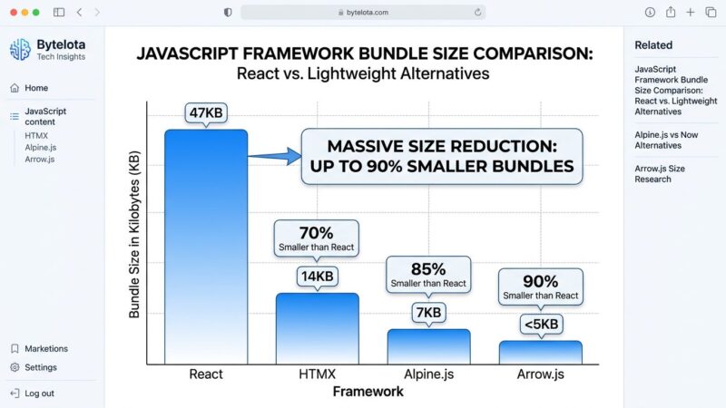 Bar chart comparing JavaScript framework bundle sizes: React 47KB vs Arrow.js 5KB, Alpine.js 7KB, HTMX 14KB