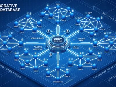 Isometric visualization of CRDT graph database with interconnected nodes, synchronization hub, and offline-first architecture
