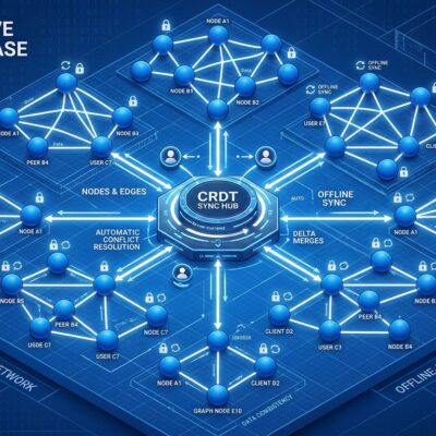 Isometric visualization of CRDT graph database with interconnected nodes, synchronization hub, and offline-first architecture