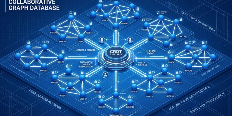 Isometric visualization of CRDT graph database with interconnected nodes, synchronization hub, and offline-first architecture