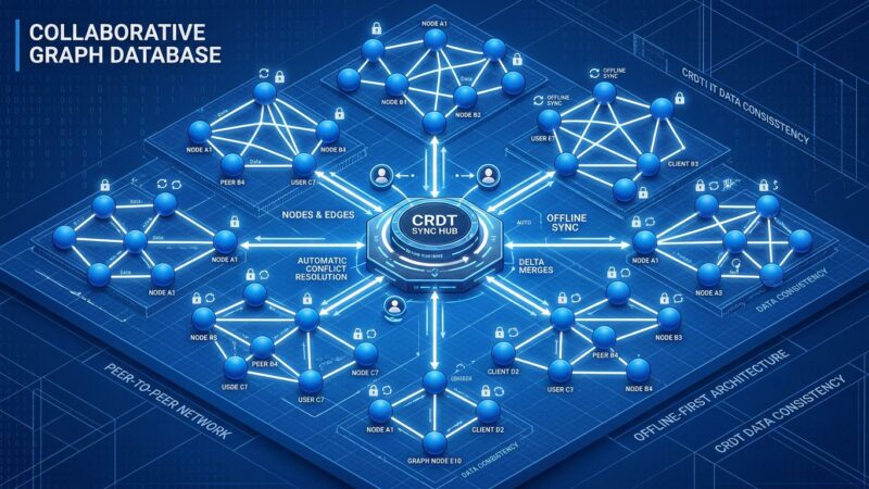 Isometric visualization of CRDT graph database with interconnected nodes, synchronization hub, and offline-first architecture