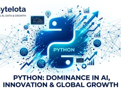 Python programming language logo with AI symbols and growth arrows showing market dominance in 2026