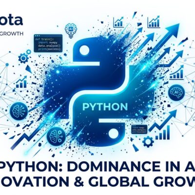 Python programming language logo with AI symbols and growth arrows showing market dominance in 2026