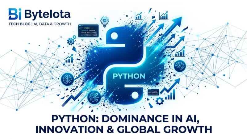 Python programming language logo with AI symbols and growth arrows showing market dominance in 2026