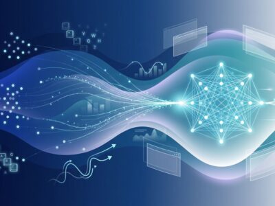 Abstract visualization of workplace surveillance and AI data capture with blue gradient waves and geometric shapes representing keystroke and mouse tracking