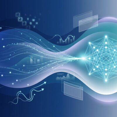 Abstract visualization of workplace surveillance and AI data capture with blue gradient waves and geometric shapes representing keystroke and mouse tracking