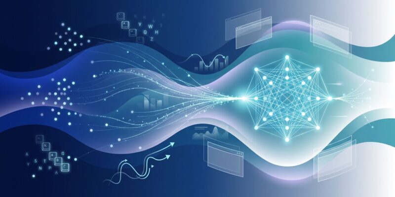 Abstract visualization of workplace surveillance and AI data capture with blue gradient waves and geometric shapes representing keystroke and mouse tracking