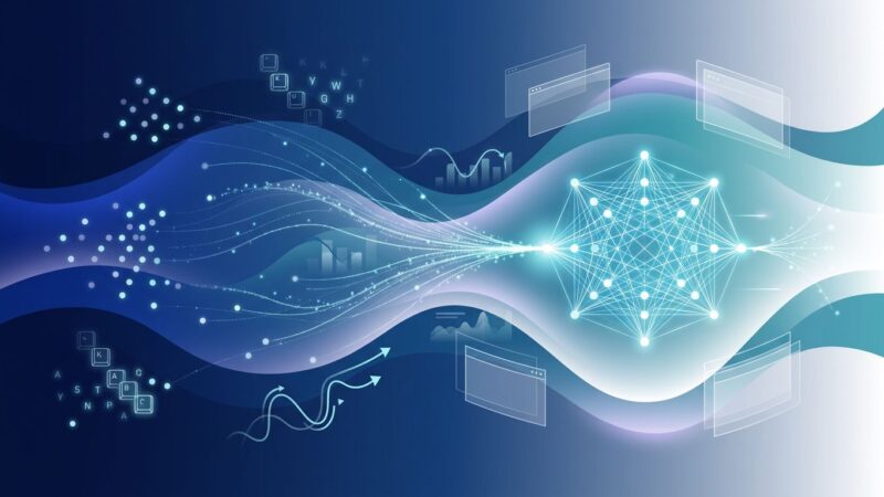 Abstract visualization of workplace surveillance and AI data capture with blue gradient waves and geometric shapes representing keystroke and mouse tracking