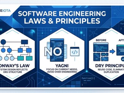 Software engineering laws illustration with Conway's Law, YAGNI, and DRY principles